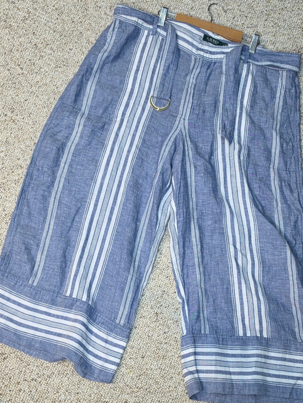 Ralph Lauren Blue and White Striped Wide-Leg Linen capri pant